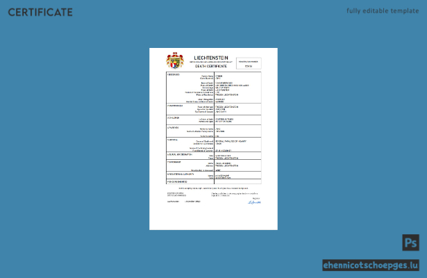 Liechtensteiner Personenstandsurkunde (Sterbeurkunde) – Beispiel-Word- und PDF-Datei